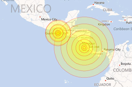 Bản đồ mô tả vị trí trận động đất 7,6 độ Richter (vòng tròn lớn) xảy ra ở Costa Rica.